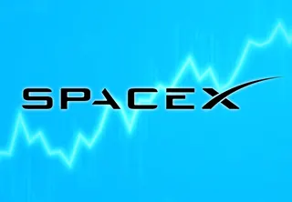 SpaceX logo with a blue stock chart in the background.