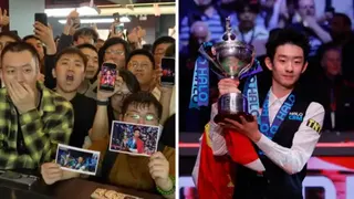 Split screen image with a crowd of people screaming and holding photos of the snooker world champion on the left, and the world snooker champion holding his trophy on the right
