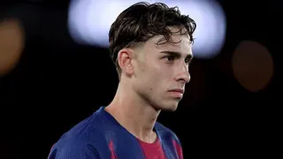 Head and shoulders view of Fermin Lopez in Barcelona home shirt