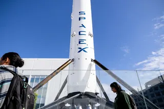 A SpaceX Falcon 9 reusable rocket booster on display outside the company's facilities in Hawthorne, California.