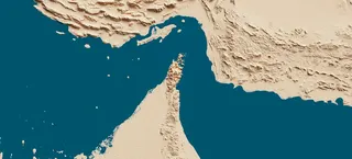 3D 地形图显示伊朗与阿曼之间的霍尔木兹海峡。