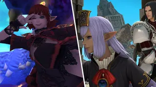 Characters from Final Fantasy 11 and Final Fantasy 14 stand opposed to each other in a split-screen demonstrating the two games.
