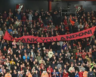 Bournemouth’s fans hold up a banner saying ‘Thank You Andoni’ in honour of their departing manager Andoni Iraola, after the club confirmed their first ever European qualification by drawing 1-1 with Manchester City at the Vitality Stadium in the Premier League.