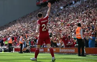 Andy Robertson salutes the Anfield crowd after scoring in style during Liverpool’s 3-1 home victory over Crystal Palace last month
