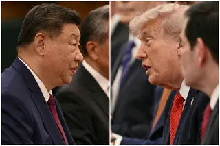 中国国家主席习近平（左）上周三在北京人民大会堂，与到访中国的美国总统特朗普举行会谈。（图取自法新社）