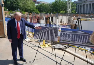 President Donald Trump shows off how the ballroom may look. Photo: AP