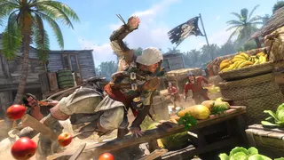 AC Black Flag Resynched official image showing the protagonist hopping over carts of fruit in a tropical setting