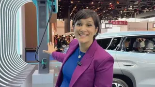 BBC correspondent Suranjana Tewari standing in front of pink and red cars at Beijing's Auto Show