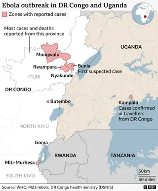 Map titled “Ebola outbreak in DR Congo and Uganda,” showing locations of reported cases in eastern Democratic Republic of Congo and parts of Uganda. Areas with cases are highlighted in red.
In DR Congo, the main cluster is in Ituri Province, labelled as having “most cases and deaths,” including regions such as Mongwalu, Rwampara, Nyakunde, and Bunia (marked as the site of the first suspected case). Additional smaller red-marked locations appear around Butembo, Goma, and Miti Murhesa.
Across the 