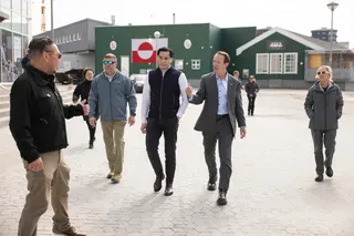 US special envoy to Greenland Republican Louisiana Governor Jeff Landry (centre right) and Greenlandic mason and Trump supporter Joergen Boassen (centre left) are pictured in Nuuk, Greenland, May 20, 2026, on the sidelines of the Future Greenland business fair. — AFP pic