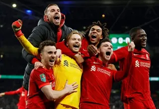 Andy Robertson (second right), at the heart of Liverpool ecstasy after Carabao Cup final victory over Chelsea in February 2022, with teammates including Diogo Jota (left)