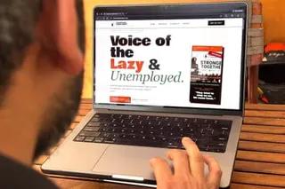A man visits the CJP webpage on a laptop. It reads: Voice of the Lazy and Unemployed.