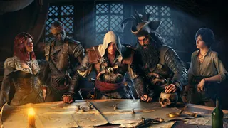 Assassin's Creed Black Flag pirates assembled in front of a treasure map on a ship; two women, three men, all decked out in fancy pirate clothing. Illuminated by lamplight.