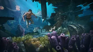 AC Black Flag Resynched official image showing a character swimming bare-chested under water towards coral in the foreground