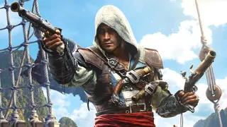 Assassin's Creed Black Flag Resynced artwork showing hooded pirate protagonist Edward Kenway brandishing twin pistols against a blue Caribbean sky.