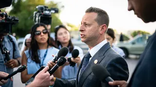 Rep. Jared Moskowitz speaking to reporters at the US Capitol in Washington, D.C.