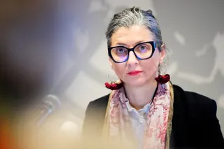 FILE PHOTO: UN Special Rapporteur for the occupied Palestinian territories, Francesca Albanese gives a press conference at the UN City in Copenhagen, Denmark February 5, 2025. Ritzau Scanpix/Ida Marie Odgaard/File Photo