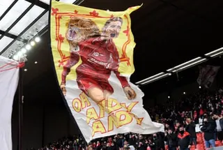 A banner of Liverpool’s Andrew Robertson in the stands before the May 2021 Premier League match against Crystal Palace at Anfield.
