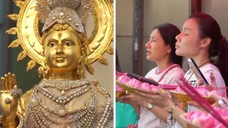 Split screen of the Phra Mae Lakshmi shrine on the right ,and people praying and holding pink lotus flowers on the left