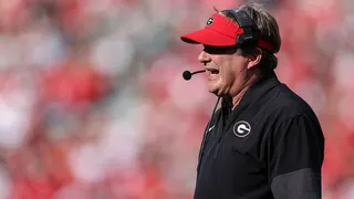 Georgia head coach Kirby Smart reacting on the sideline during a football game