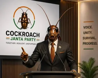 An AI-generated illustration shows a person in a suit with the head and antennae of a cockroach speaking from a podium. Behind the figure is the logo of the party, with a cockroach in an orange and green circle and the slogan: Together, Resilient, Unstoppable. Another sign in the image reads: Voice, Unity, Survival, Progress.