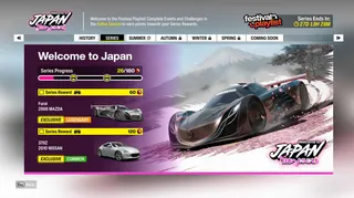 The "Welcome to Japan" Festival Playlist menu in Forza Horizon 6, with the two reward cars shown.