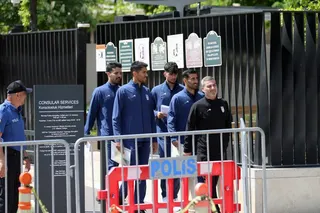 Players of the Iranian team leave the US Embassy after completing their visa application procedures for the 2026 Fifa World Cup in Ankara, Turkey, on Thursday. Photo: EPA
