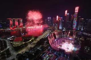 National Day Parade held at Padang as seen from Swissotel The Stamford on Aug 9, 2025.