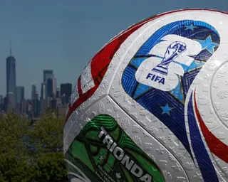 A blow up World Cup 2026 ball, the Trionda, in New York Cit