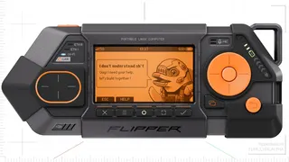 The Flipper One Linux computer against an illustrated background.