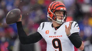 Cincinnati Bengals quarterback Joe Burrow throwing a pass during an NFL game in Orchard Park