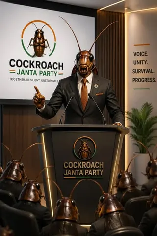 An AI-generated illustration shows a person in a suit with the head and antennae of a cockroach speaking from a podium and addressing an audience of cockroaches. Behind the figure and on the podium are the logo of the party, with a cockroach in an orange and green circle and the slogan: Together, Resilient, Unstoppable. Another sign in the image reads: Voice, Unity, Survival, Progress.