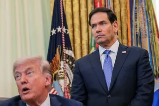 U.S. President Donald Trump speaks in the Oval Office, with Secretary of State Marco Rubio