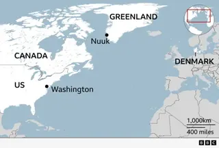 Map showing the location of Greenland and the capital Nuuk, relatively to Denmark, Canada and the United States. Also labelled is the US capital Washington.