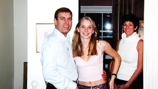 Prince Andrew with his arm around Virginia Giuffre with Ghislaine Maxwell in the background