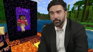 New York City mayor Zohran Mamdani against a Minecraft screenshot backdrop.