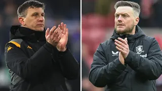 Hull City boss Sergej Jakirovic (left) and Middlesbrough counterpart Kim Hellberg (right) applaud fans