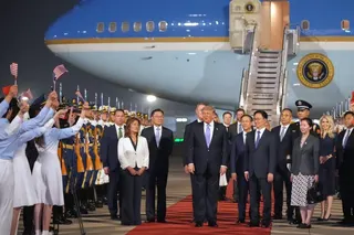 US President Donald Trump disembarks from Air Force One on May 13 at Beijing Capital International Airport. Photo: AP