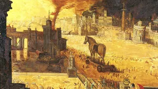 Depiction of Troy burning, people running away
