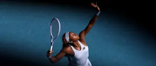 Tennis star Coco Gauff serving.