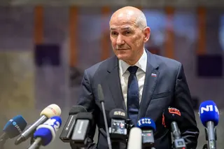 Right-wing Slovenian Democratic Party (SDS) leader Janez Jansa (L) addresses the media after his investiture vote as Slovenia's Prime Minister at the National Assembly in Ljubljana on May 22, 2026.