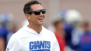 New York Giants general manager Joe Schoen reacting during NFL training camp