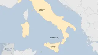 A map of Italy showing Sicily and Stromboli.