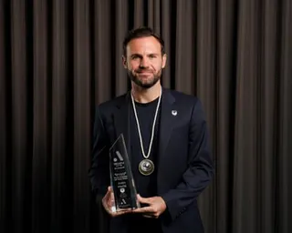 Juan Mata with the A-League Men’s player of the year medal and the playmaker of the year trophy