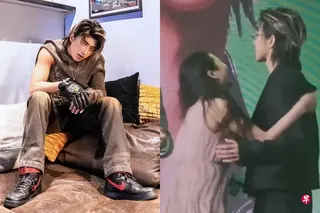 蔡徐坤（左图）出席品牌代言活动期间，一名女子（右图左）突破防线，强行冲上舞台抱住他，大喊“我好想你”。 （取自艺人工作室微博、互联网）