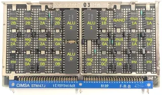 The ALU/register board with the chips labeled.