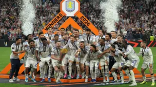 Aston Villa players celebrate as they win the Europa League final soccer match against Freiburg.