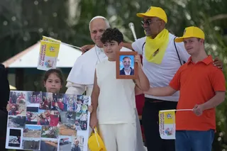 Pope Leo meets families of victims of environmental pollution during his visit to Acerra, near Naples, on Saturday. Photo: AP