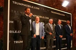Eric Trump, Don Hendrickson, Eric Thomas, Patrick O’Brien and Donald Trump Jr announce the Trump Mobile, in New York’s Trump Tower in June.