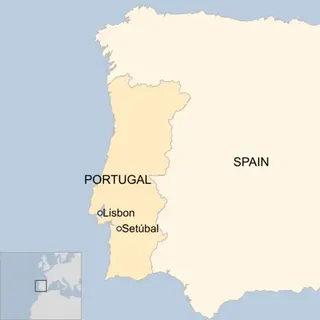A map of Portugal showing the locations of Setubal and the capital, Lisbon.